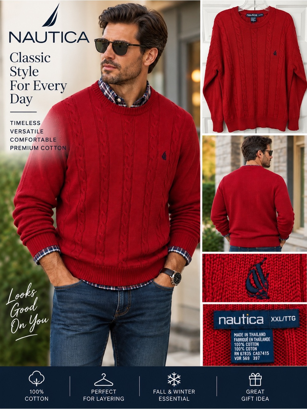 Nautica Men’s Red Cable Knit Sweater Crewneck Cotton Preppy XXL